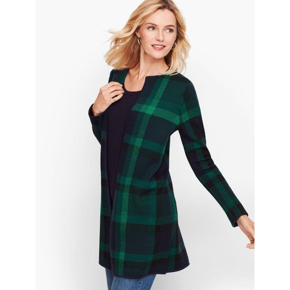 $ 198 Talbots Navy & Green Plaid 100% Pure Merino Wool Open Long Cardigan Size S - Picture 3 of 7